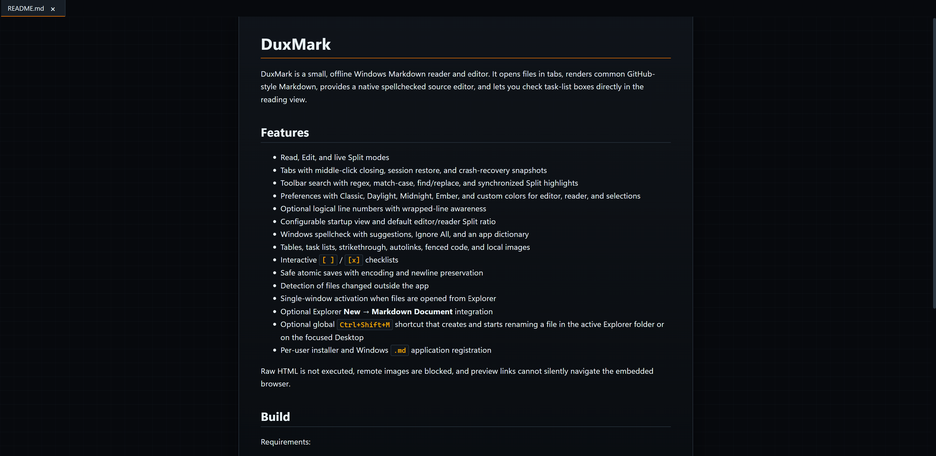 DuxMark Read view rendering a Markdown document
