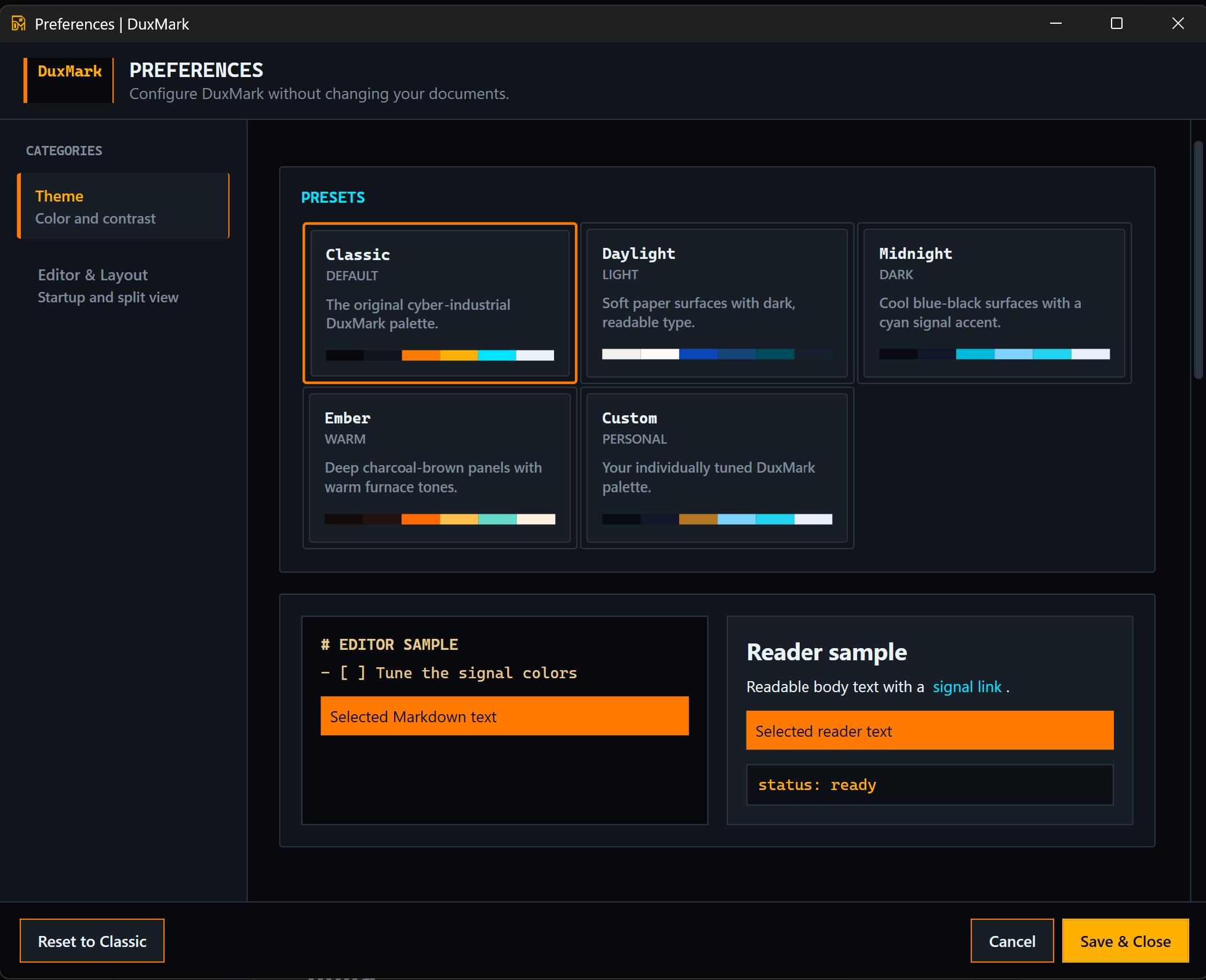 DuxMark theme and layout customization window