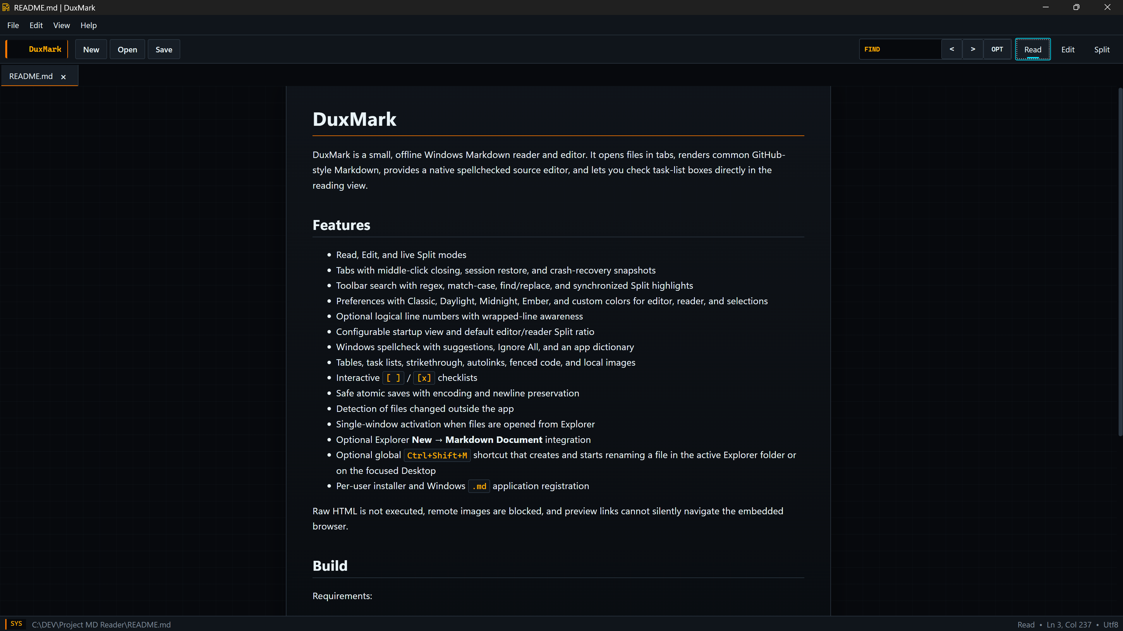 DuxMark Read view rendering a Markdown document